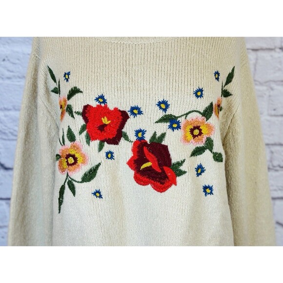 Cliche Womens Floral‎ Embroidered Wool Blend Beige Sweater Fuzzy Knit Curvy 1X - Picture 4 of 10